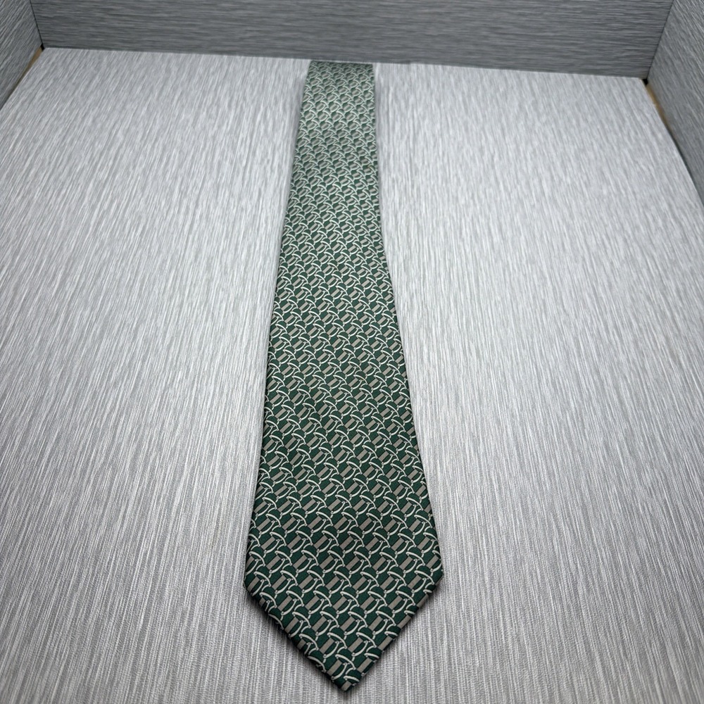 Hermès Paris Silk Tie Green H Chain Link Geometric Made France 7268 MA